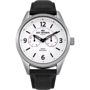BEN SHERMAN miesten kvartsianalogikello WB069WB 45 mm musta kellotaulu musta nahkaranneke