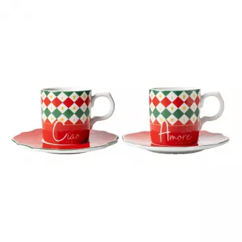 Bialetti Tricolore espresso-kuppisarja aluslautasten kanssa (2 kuppia, 2 aluslautasta)