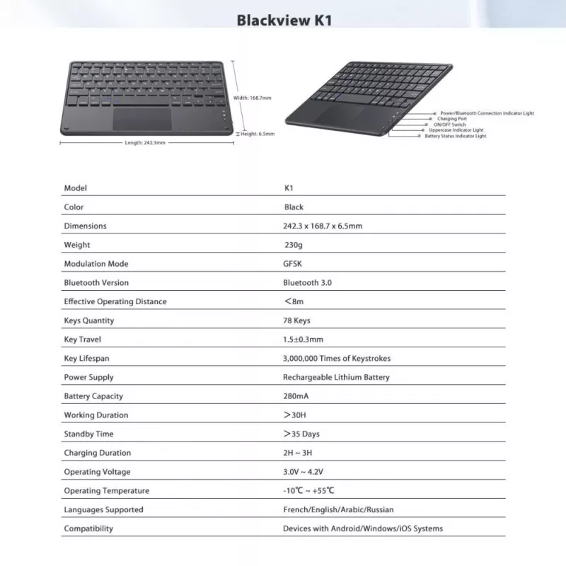 Blackview K1 Bluetooth-näppäimistö langaton ultralaiha 10 inch – 280mAh akku, Bluetooth 3.0, yhteensopiva Windows / Android / iOS kanssa, musta harmaa