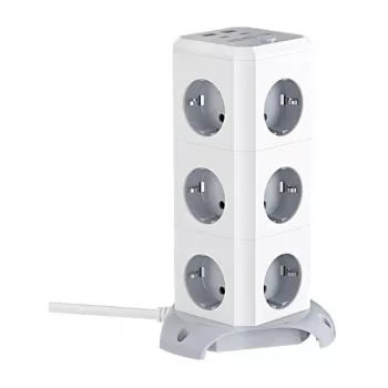 BlitzWolf BW-EC3 pystysuora jatkojohto 12 pistorasialla, 4 USB-liitännällä, 2 m kaapeli, EU-pistoke