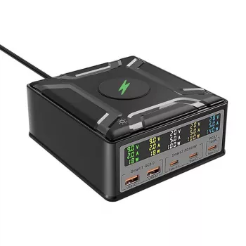 BlitzWolf BW-S28 260W GaN USB-C-laturi, 2xUSB-A, 3xUSB-C, 15W langaton laturi, musta