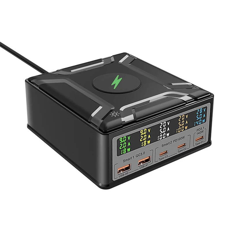 BlitzWolf BW-S28 260W GaN USB-C-laturi, 2xUSB-A, 3xUSB-C, 15W langaton laturi, musta