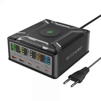 BlitzWolf BW-S28 260W GaN USB-C-laturi, 2xUSB-A, 3xUSB-C, 15W langaton laturi, musta