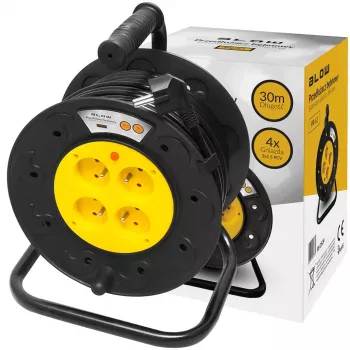 BLO PR-61 30 m kaapelikela 4 suojakosketinpistorasialla, lämpösuoja, 3x1,5mm² H05VV-F kaapeli, IP20, 16A/230V, max. 3680W kelattuna