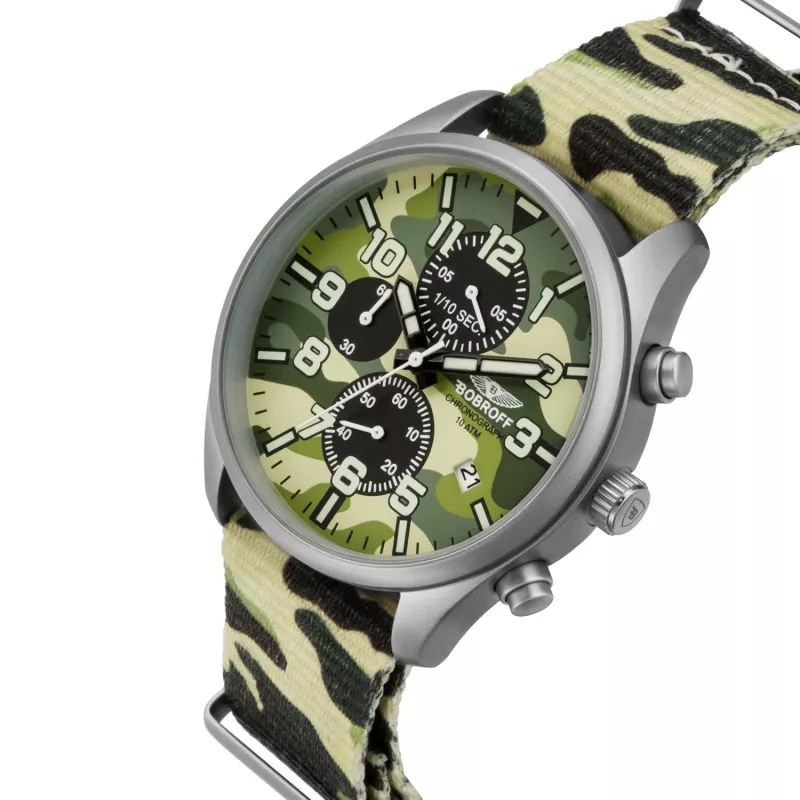 BOBROFF MAN BF0020 analoginen kvartsikello 42 mm ruostumaton teräs musta nahka