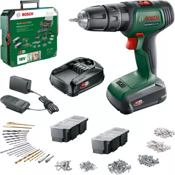 BOSCH UniversalImpact 18V akkukäyttöinen iskuporakone (vihreä/musta, 2x1,5 Ah Li-Ion, 241 osan sarja)