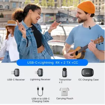 BOYA Mini 2-01 langaton mikrofonijärjestelmä 2,4 GHz 2 lähettimellä ja 2 vastaanottimella (USB-C ja Lightning) musta