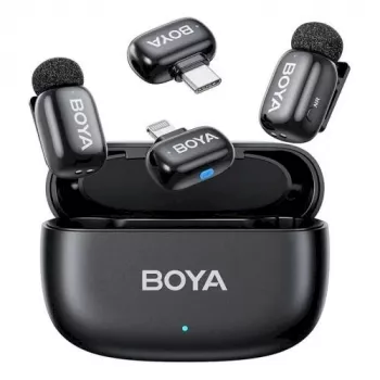 BOYA Mini 2-01 langaton mikrofonijärjestelmä 2,4 GHz 2 lähettimellä ja 2 vastaanottimella (USB-C ja Lightning) musta