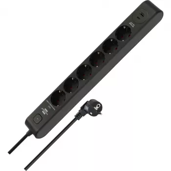BRENNENSTUHL 6-osainen jatkojohto 1x USB-C, 1x USB-A, ylijännitesuoja 13 500 A, 2 m kaapeli, musta/antrasiitti