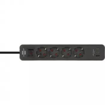 Brennenstuhl Ecolor pistorasialista 4-osainen 2x USB-C, 1x USB-A, 1,5m kaapeli, turvakytkin, musta/antrasiitti