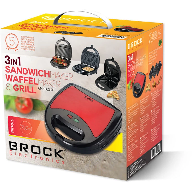 Brock SSM 2003 RD 3-in-1 voileipägrilli, vohvelirauta ja grilli, 750 W, musta/punainen