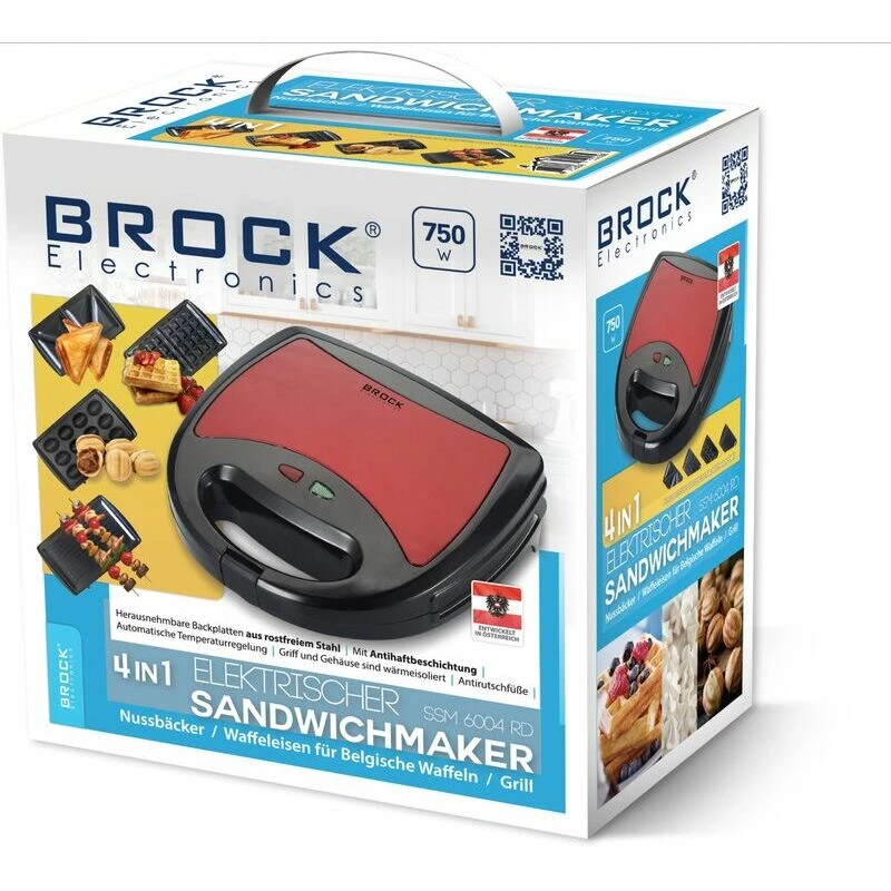 Brock SSM 6004 RD 4-in-1 voileipä-/pähkinä-/vohvelirauta ja grilli 750 W, punainen