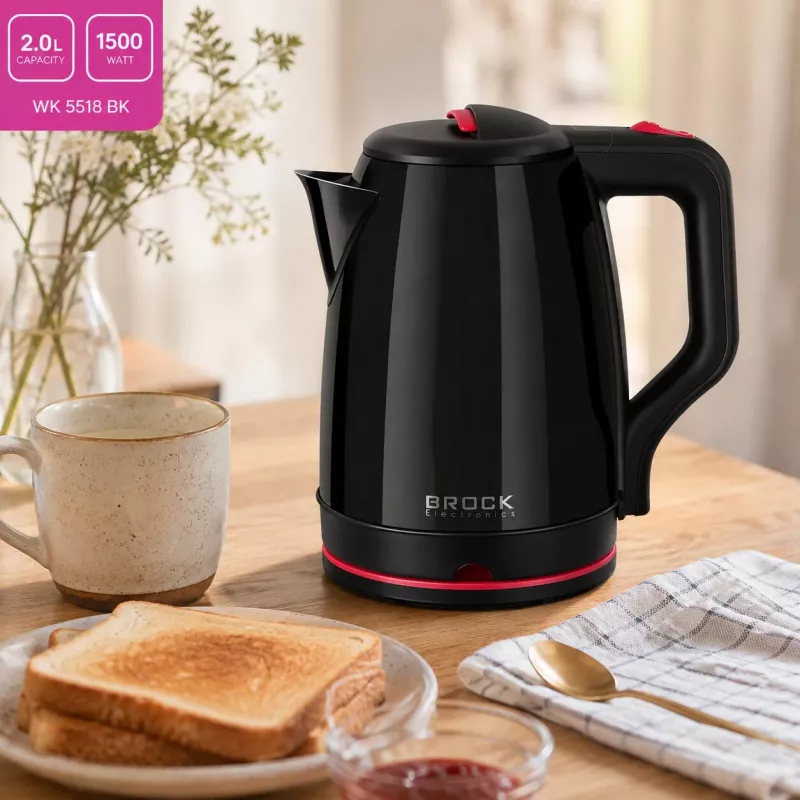 Brock WK 5518 BK sähköinen vedenkeitin 2,0L 1500W musta 360° langattomalla jalustalla