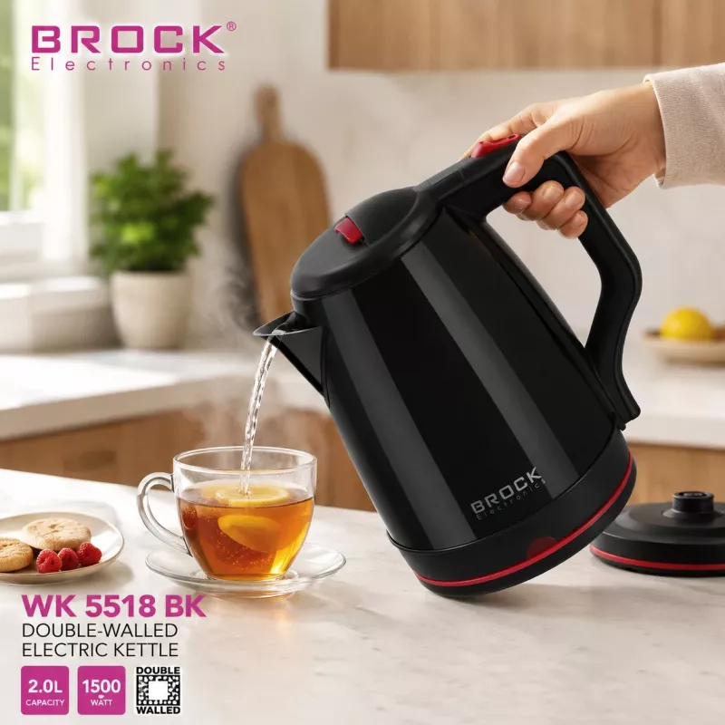 Brock WK 5518 BK sähköinen vedenkeitin 2,0L 1500W musta 360° langattomalla jalustalla