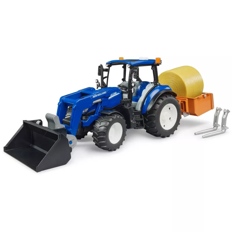 BRUDER New Holland T5.120 traktori etukuormaajalla, kuormalaatikolla ja haarukoilla 1:16