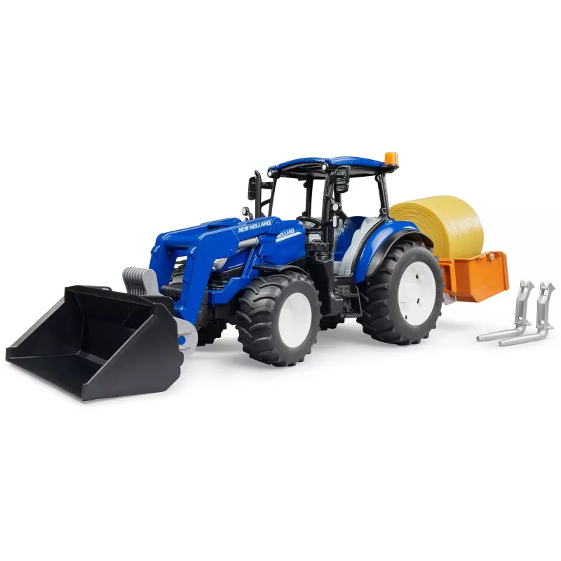 BRUDER New Holland T5.120 traktori etukuormaajalla, kuormalaatikolla ja haarukoilla 1:16