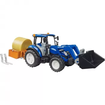BRUDER New Holland T5.120 traktori etukuormaajalla, kuormalaatikolla ja haarukoilla 1:16