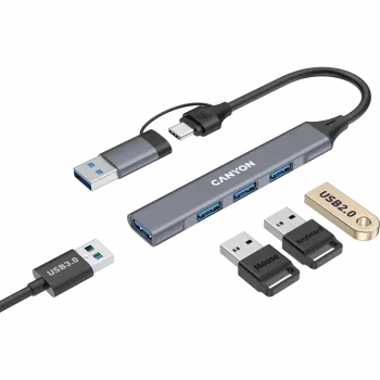 CANYON DS-02 4-in-1 USB-A/C-keskitin, harmaa