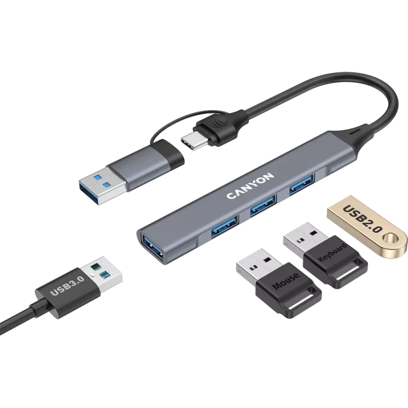 CANYON DS-02 4-in-1 USB-A/C-keskitin, harmaa