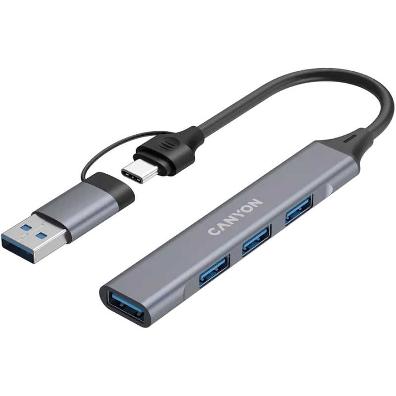 CANYON DS-02 4-in-1 USB-A/C-keskitin, harmaa