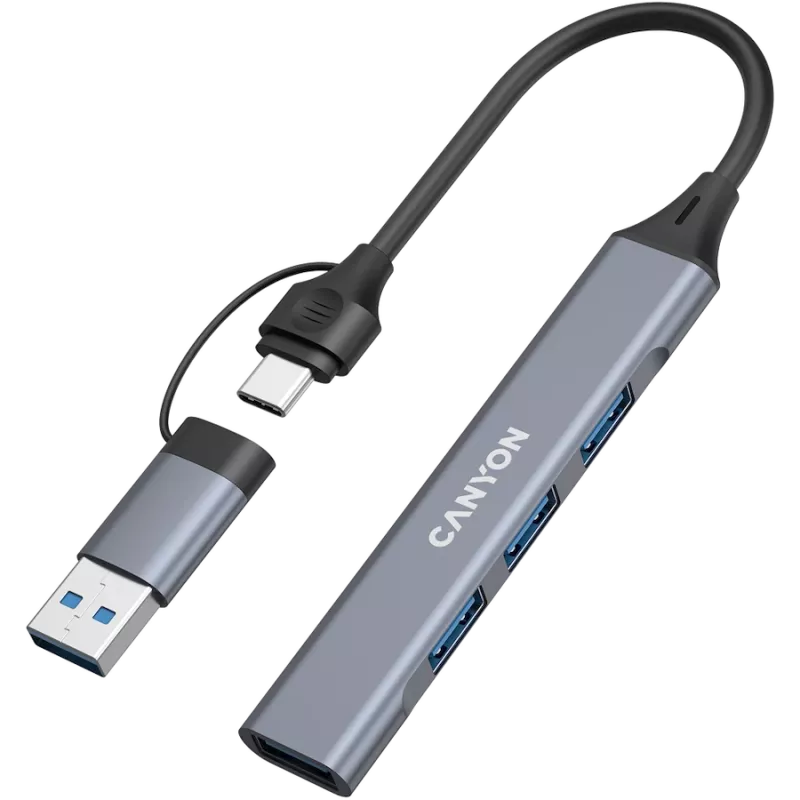 CANYON DS-02 4-in-1 USB-A/C-keskitin, harmaa