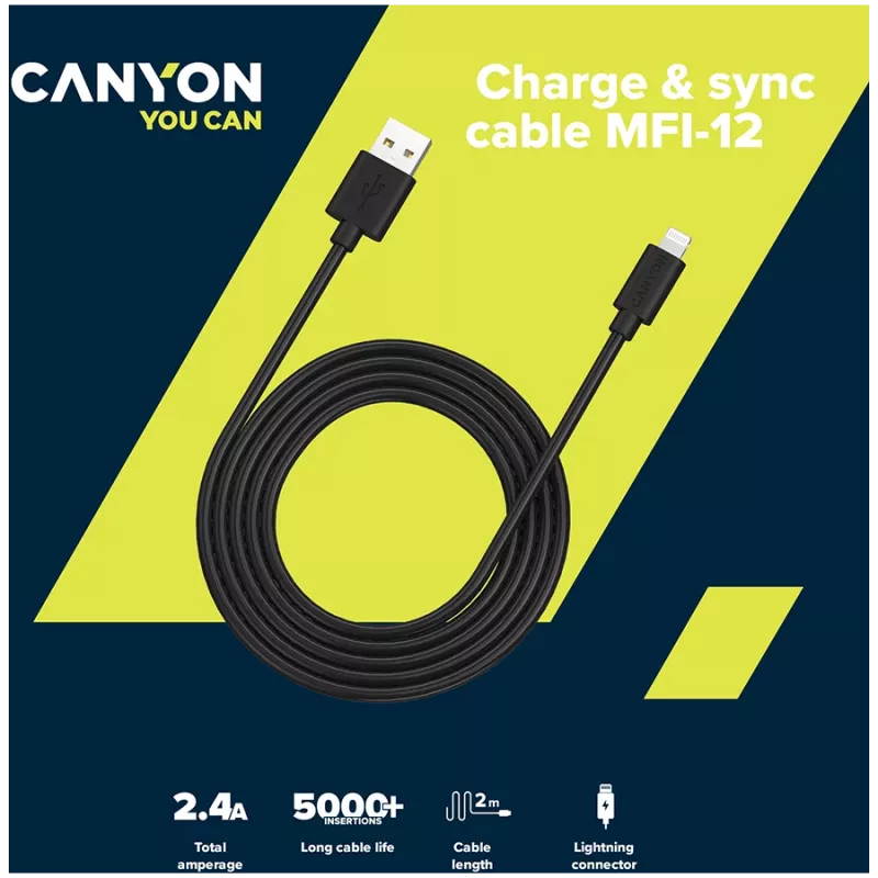CANYON MFI-12 USB-A - Lightning -kaapeli 2 m valkoinen
