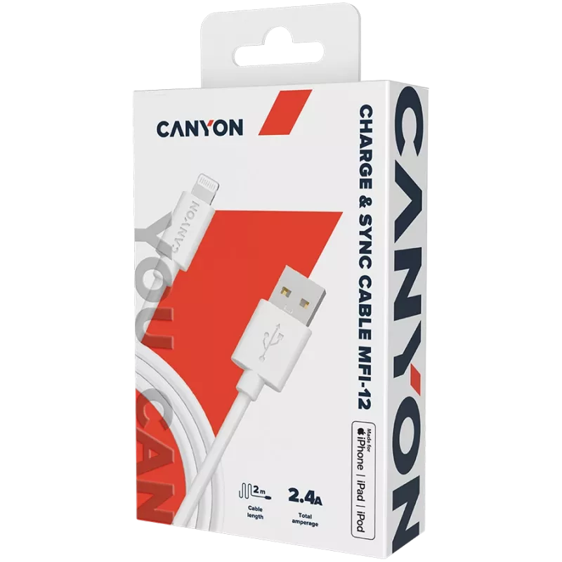 CANYON MFI-12 USB-A - Lightning -kaapeli 2 m valkoinen