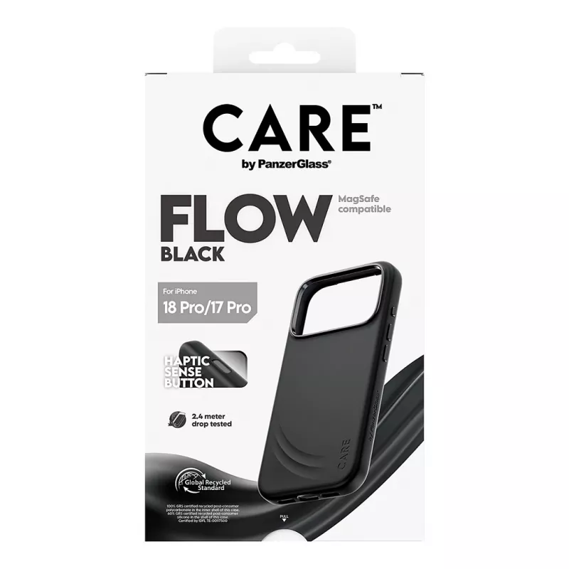 CARE by PanzerGlass Flow Case musta MagSafe-yhteensopiva iPhone 17 Pro -puhelimeen