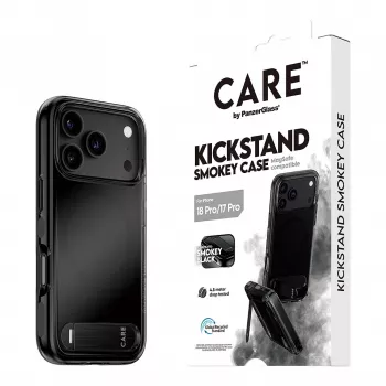 CARE by PanzerGlass Kickstand-kotelo Smokey Black MagSafe-yhteensopiva iPhone 17 Pro -puhelimeen