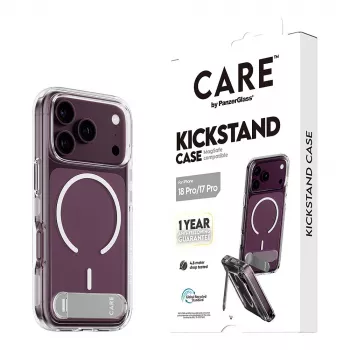 CARE by PanzerGlass Kickstand-kotelo läpinäkyvä valkoisella MagSafe-yhteensopiva iPhone 17 Pro -puhelimeen