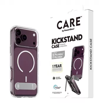 CARE by PanzerGlass Kickstand-kotelo läpinäkyvä valkoisella MagSafe-yhteensopivuudella iPhone 17 Pro Maxille