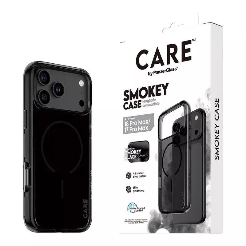 CARE by PanzerGlass Smokey -kotelo mustalla MagSafe-yhteensopivuudella iPhone 17 Pro Maxille