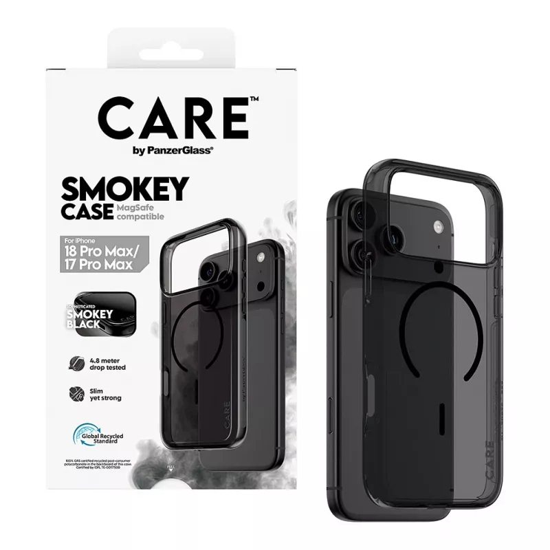 CARE by PanzerGlass Smokey -kotelo mustalla MagSafe-yhteensopivuudella iPhone 17 Pro Maxille