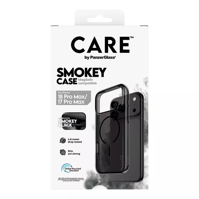 CARE by PanzerGlass Smokey -kotelo mustalla MagSafe-yhteensopivuudella iPhone 17 Pro Maxille