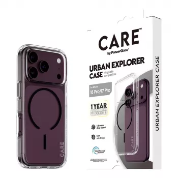 CARE by PanzerGlass Urban Explorer -suojakotelo, läpinäkyvä mustalla MagSafe-tuella iPhone 17 Pro -puhelimelle