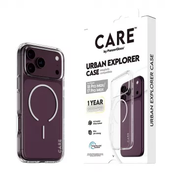 CARE by PanzerGlass Urban Explorer -suojakotelo, läpinäkyvä valkoisella MagSafe-tuella iPhone 17 Pro Max -puhelimelle