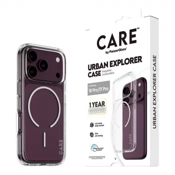 CARE by PanzerGlass Urban Explorer -kotelo läpinäkyvä valkoisella MagSafe-renkaalla iPhone 17 Pro -puhelimeen