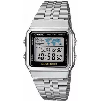 Casio A500WA-1DF Classic digitaalinen kvartsirannekello – hopeinen ruostumaton teräsranneke, LED-taustavalo, maailmanaika