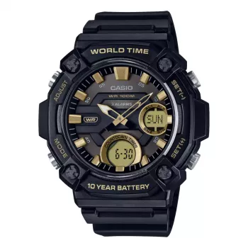 CASIO AEQ-120W-9A miesten analogi-digitaalikello, 53,3 mm, musta resin-kotelo, musta resin-ranneke, kultaiset yksityiskohdat