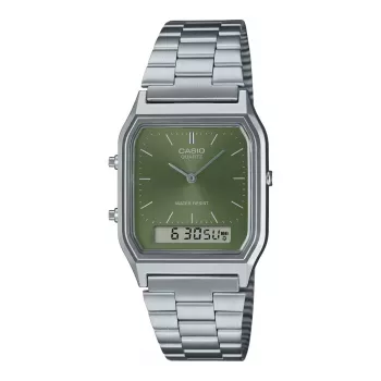 CASIO AQ-230A-3A unisex analogi-digitaalikello, 38,8 mm, vihreä kellotaulu, hopeanvärinen teräsranneke