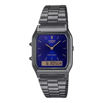 CASIO AQ-230GG-2A unisex analogi-digitaalinen kvartsikello, 38,8mm, tykinmetallinharmaa teräsranneke, sininen kellotaulu