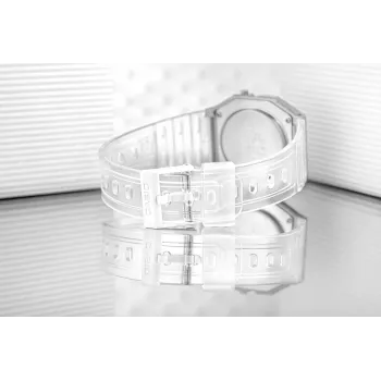 Casio F-91WS-7DF digitaalikello – läpinäkyvä valkoinen resin-kotelo, unisex, kvartsi, LED-taustavalo, vedenpitävä 3 ATM asti