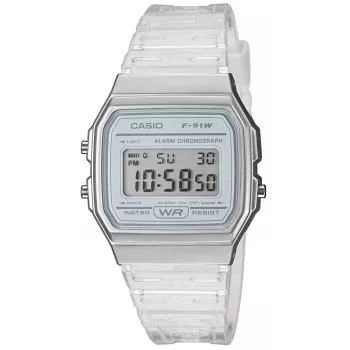 Casio F-91WS-7DF digitaalikello – läpinäkyvä valkoinen resin-kotelo, unisex, kvartsi, LED-taustavalo, vedenpitävä 3 ATM asti