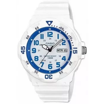 CASIO MRW200HC7B2VD miesten analoginen kvartsikello päivämäärä- ja viikonpäivänäytöllä, 100m vesitiiviys, resin-ranneke, valkoinen kellotaulu, sininen/punainen kehä