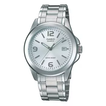 Casio MTP-1215A-7A miesten analoginen kvartsikello ruostumattomalla teräsrannekkeella, hopeinen kellotaulu, 38,4 mm kotelo, päivämäärä- ja viikonpäivänäyttö, 50 m vesitiiviys