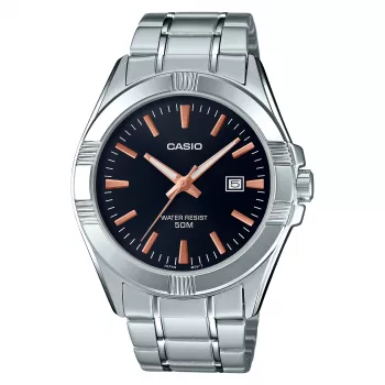 CASIO MTP-1308D-1A2 miesten analoginen kvartsikello, 48,9 mm, musta kellotaulu, hopeinen ruostumaton teräsranneke