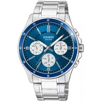 Casio MTP-1374D-2A3 miesten analoginen kvartsikello, teräsranneke, sininen kellotaulu, päivä- ja päivämäärännäyttö, 50m vedenpitävyys