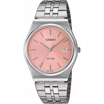 Casio MTP-B145D-4AVEF miesten analoginen kvartsikello ruostumattomalla teräsrannekkeella, lohenvärisellä kellotaululla, hopeanvärisellä kuorella, 50 m vedenkestävyys