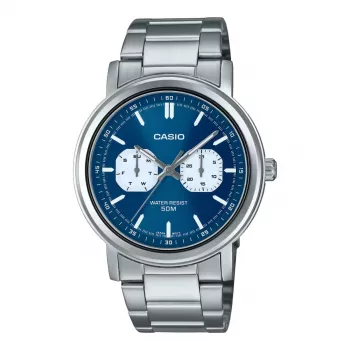 CASIO MTP-E335D-2E1VD miesten analoginen kvartsikello, sininen kellotaulu, ruostumaton teräsranneke, 47,6 mm