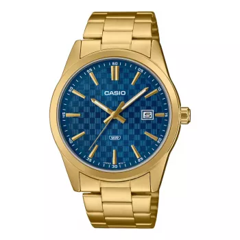 CASIO MTPVD03G2AUDF miesten analoginen kvartsikello, 45mm ruostumaton teräskotelo, sininen kellotaulu, kullanvärinen ranneke, 50m vedenkestävyys